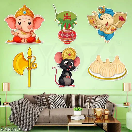 Zyozi® Ganeshh Chaturthi Decorations Items | Ganeshh Pooja Backdrop Decorations CardStock Cutout & Glue Dot | Puja Backdrop Items CardStock - Multicolor (Pack of 7)