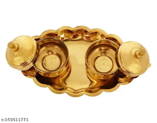 Brass Kankavati Brass Haldi Kumkum dabbi with lid and Attached with Thali Brass Kankavati for puja