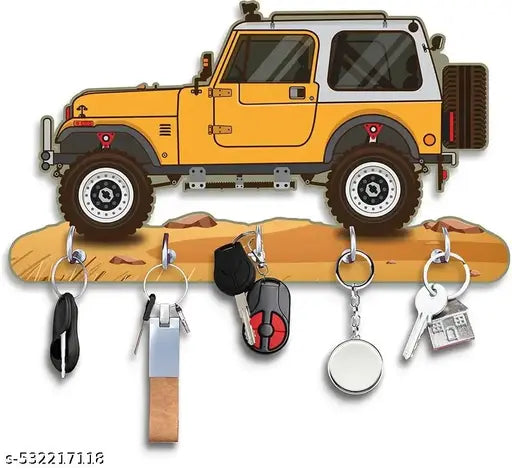 Yellow Thar Printed Key Holder For Home And Office Decor Wood Key Holder  (5 Hooks, Multicolor)  JD KH-CAR