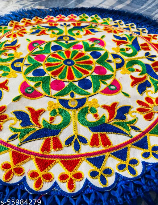 Hanumante Enterprise Traditional Embroidery Round Pooja Thali Rumal, Wedding Beautiful Hand Work Thali Rumal (18.5 Inch)