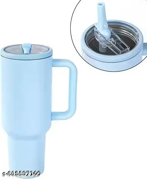 1200ML Tumbler with Handle & Simple Flip Straw - Car Cup Holder Friendly, Leak Resistant Water Bottle-Reusable Insulated Stainless Steel & Rubber Base ( sky blue)