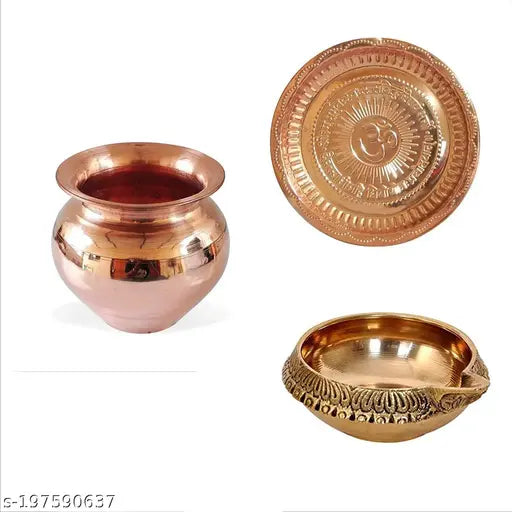 NAVYAKSH Combo of Copper Puja Thali, Lota Kalash and Kubber Deepak for Diwali Pooja Items (Pack of 3)