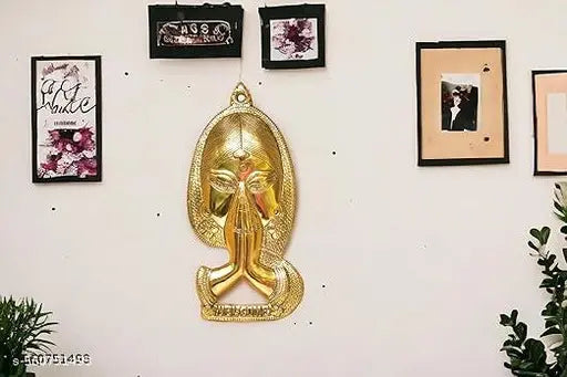 Shree Girraj Ji Traders Welcome Namaste Lady Metal Hanging Religious Metal Wall Decor Showpiece Hanging Entrance Gate Decor (14 x 2 x 28 cm, Antique)