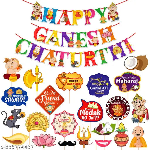 Zyozi Ganapati  Puja Ganapati CHATURTHI Banner & Ganapati  Puja Photo Booth Props/Ganapati  Puja Decoration Items/Decorative Items for Ganapati  Puja/Photo Booth Props (Pack of 23)