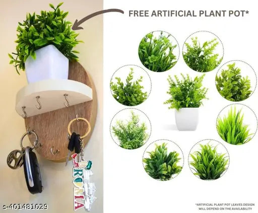 Key Holder for Home | Wall Stylish Key Stand | Key Chain Holders for Wall | Key Hanger | Free Artificial Plant Pot | 8 Hooks (Oval)