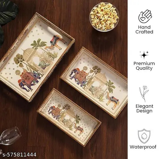 Set of 3 Royal Camel Theme Wooden Serving Trays – Enamel Coated Rectangular Platters with Gold Artwork | Waterproof Decorative Trays for Tea, Snacks, Gifting & Home Use | Sizes: 16x10, 14x8, 12x6 Inches