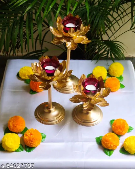 modern Golden tealight holder has stylishly shaped Lotus Tea Light Candle Holder Stand for Flower Shape Metal Beautiful Design Home Decoration Festival Occasions  Combo Pack of 3