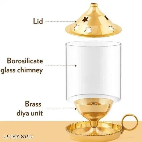 Brass Akhand Diya with Glass Cover / Borosilicate Glass Diya for Puja Diya with Borosilicate Glass | Puja Dia for Mandir | Lantern Diya with Glass Cover