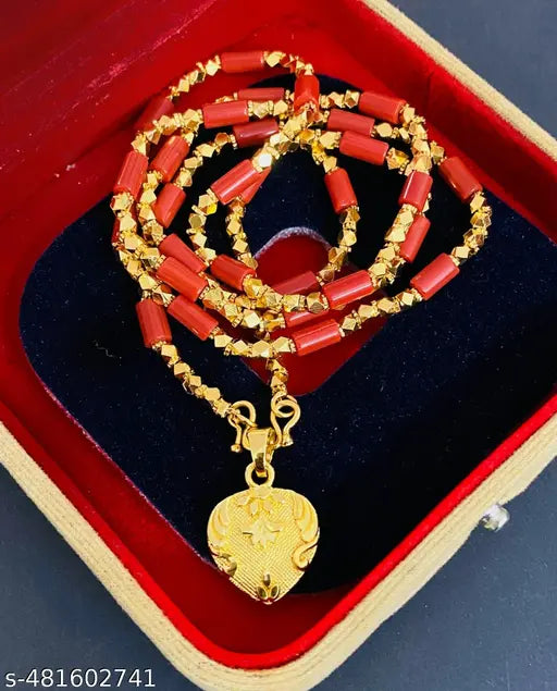 One Gram Gold Plated  Corel Red Green Beads Necklace Chain Mala With Doller Heart Pendent 28 Inch Long For Women