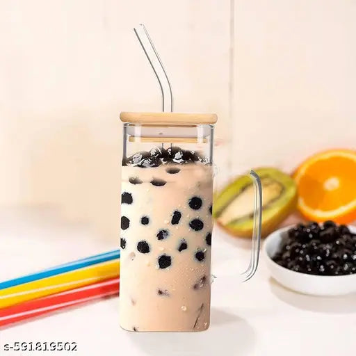Mukticolor glass sipper with straw and wooden list,  mugs and sipper for gifting purpose, coffee mugs, smoothie sippers. Pack of 1