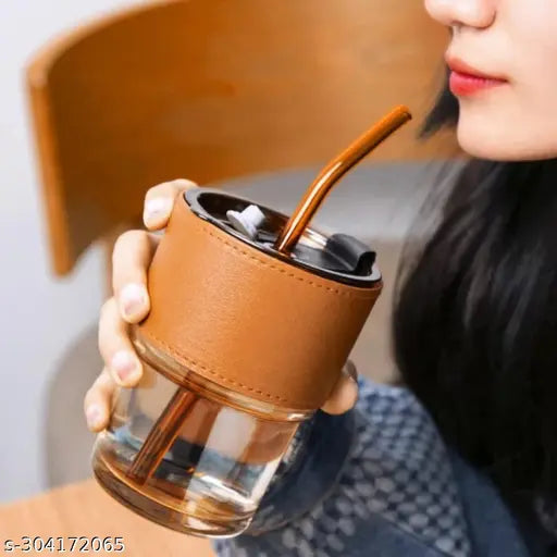 in 1Coffee|| Juice|| Shake Glass with Leather Grip Mason Sipper with Lid and Straw 500 ml,set of 1