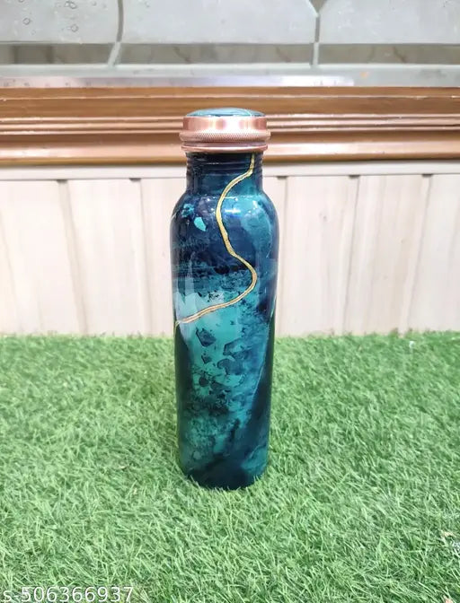 900ml Pure Copper Water Bottle For Drinking – 34 Oz – Ayurvedic Pure Copper Green Stone Design Meena Water Bottles For Drinking More Water - Leak Proof Heavy Duty Copper Vessel 100% Leak Proof, For Home, Office, Gym Gift