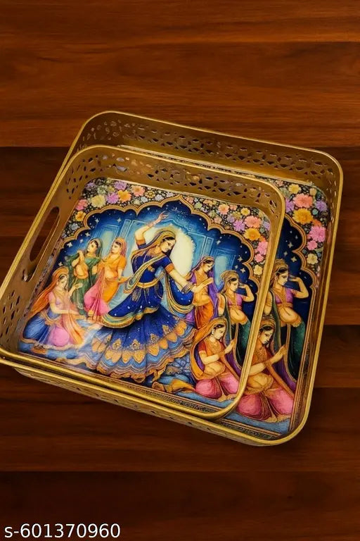 "Traditional Radha Krishna Artwork Decorative Serving Tray Set – Premium Wooden Finish with  Elegant Design"