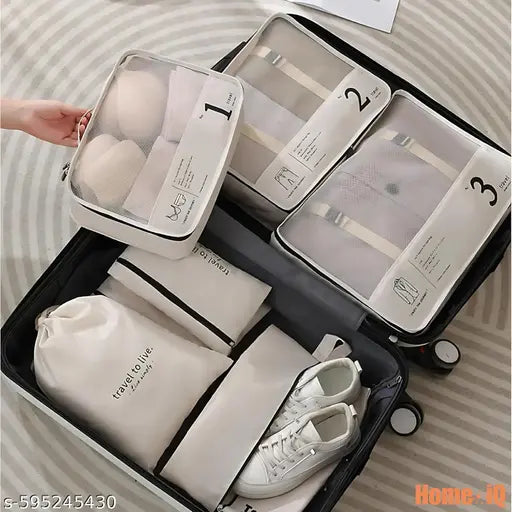 7pcs Set Travel Organizer Packing Cubes Lightweight Travel Luggage Organizers with Laundry Bag | Toiletry Bag Laundry Organiser (7 PCS) Polyester with Shoe Bag (Beige)