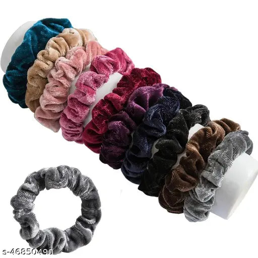 Drisona Satin Silk Printed, Plain & Velvet Scrunchies For Women And Girls Less Hair fall Hairbands Rubber Band Multicolor color Pack of-12 Pcs