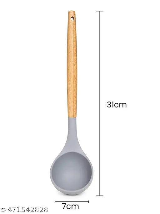 Silicone Ladle Spoon - Kitchen Soup Ladle - Cooking Utensils - Non-Stick Cookware - Ladles for Cooking, Serving - Wooden Handle Ladle, Heat Resistant & Nonstick Ladle - Doas Ladle (1pcs, Grey)