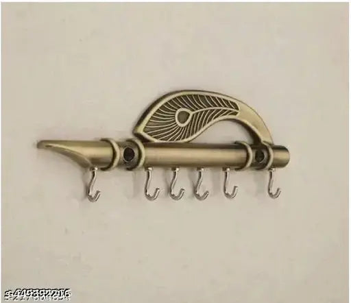 Zurient Zinc Lord Krishna's Flute & Peacock Quills Key Stand, Key Holder, Wall Mounted Key Holder, 6 Pin Wall Key Hanging Hooks, Key Hanger, Key Utilities Organizer for Home and Office, Brass