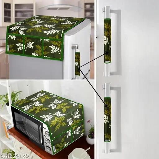 E-Retailer Exclusive 3-Layered Polyester Combo Set of Appliances Cover (1 Pc. of Fridge Top Cover, 2 Pc Handle Cover and 1 Pc. of Microwave Oven Top Cover) (Color-Green, Design-Leaf, Set Contains-4 Pcs.)