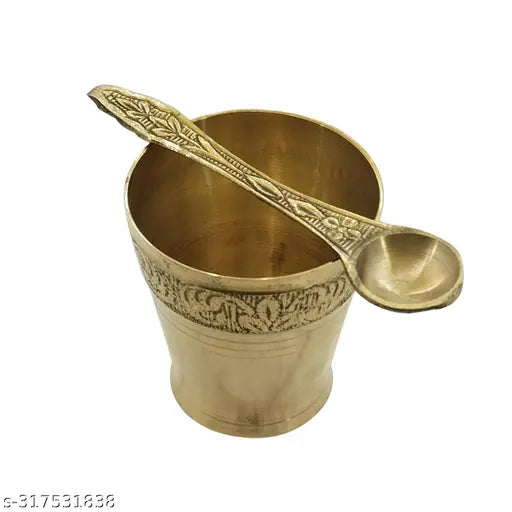 Puri Crafts Brass Pancha patra set,naksha glass with Plane  Flower Deising spoon use by pooja propose.