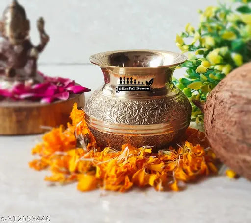 blissful decor Presents Pure Brass Lota | Kalash | Puja Lota | Decorations for Pooja with Capacity 200ml Religious Purpose, for Diwali, Mandir, Temple, Festival, Marriage, Wedding (medium-size)
