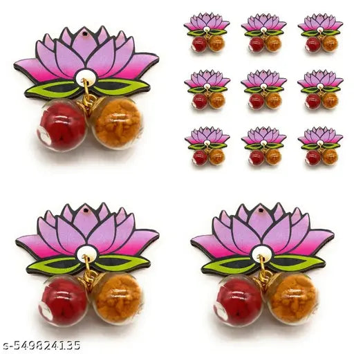Sau Rang India MDF lotus Haldi Kumkum round glass balls for Return Gift Pack of 10 Decorative Pasupu Kumkum in dome bottles Puja Items Bulk Wedding Return Gifts Thamboolam Return Gift Set