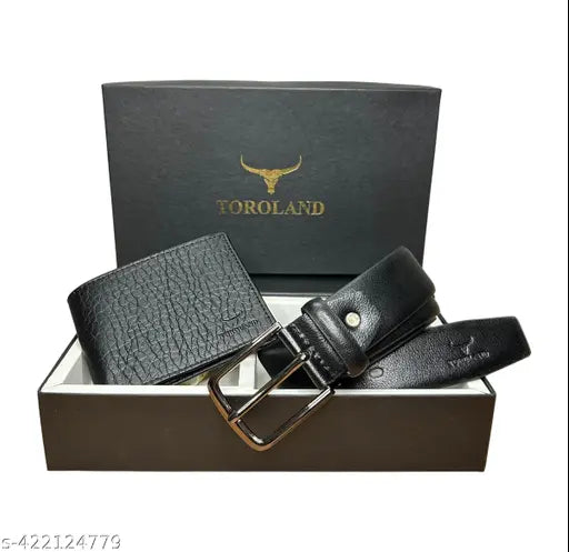 TOROLAND Men's Black Artificial Leather Belt and Wallet Combo (Pack of 2)