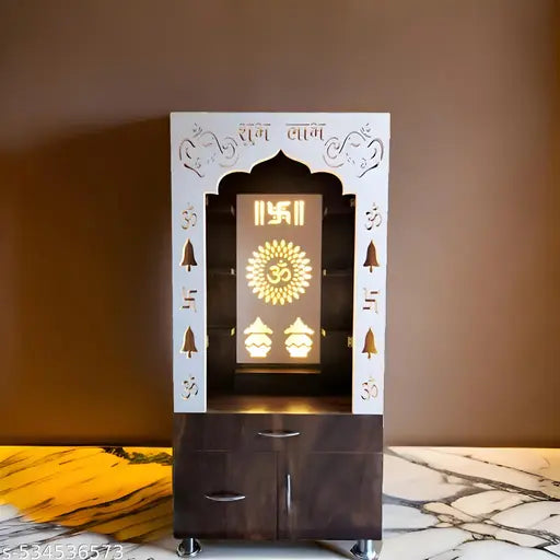 Woodaari Premium Brown Wooden Home Temple with LED Inbuilt Light