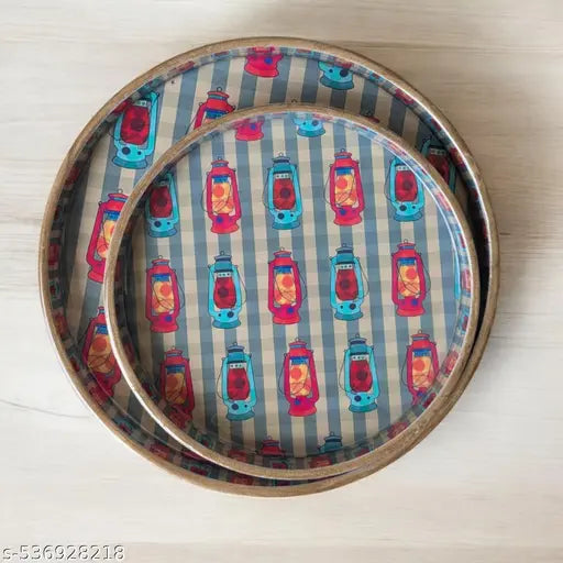 MADARKS Handcrafted MDF Decorative Round Trays – Set of 2 (9 & 7 Inch) | Printed Art Designs | Enamel Finish | Multipurpose Use
