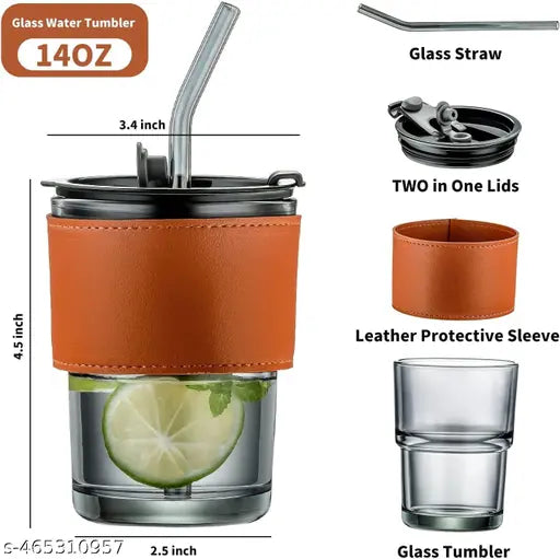 Travel Glass Coffee Mug with Lids and Straws, Glass Iced Tea Sipper Cup with Leather Sleeve Grip, Cute Glass Tumbler for Water Milk Smoothie (Pack of 1pcs,400ml-mug,multicolour,Straw)
