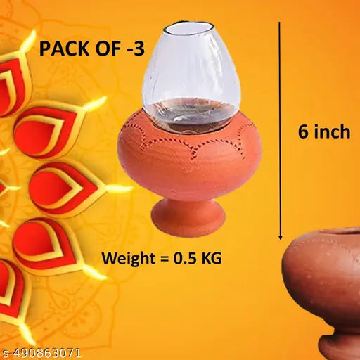 EARTHERNWARE DIYAS WITH LID ,CLAY AGAL VILAKU CHIMMEY SIZE LAMP SAVE IT FROM AIR NATURAL TERRACOTTA CLAY OIL LAMP TERRACOTTA ANAIYA VILAKKU ,OIL LAMP WITH GLASS COVERED  (PACK OF 2)