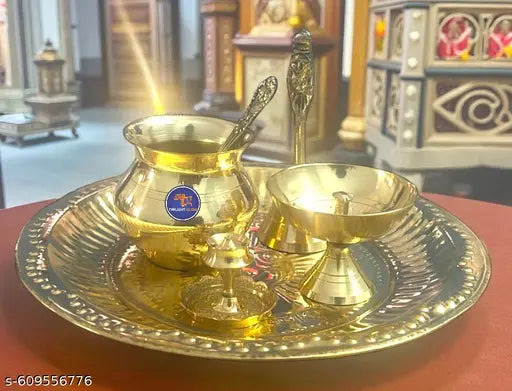 TWILIGHT GLOW Pure Brass Pooja Thali set, Arti Thali Set, 7 items with Om pooja Plate Small Dhoop Stand, Diya (Deepak), ghanti , Kalash lota, spoon, Pooja thali set, Brass Stick Holder bhagwan Puja Thali set, 8inch Om pooja thali set.
