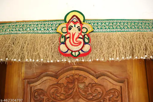 Vetiver Door Toran,3 Feet Natural Vetiver Main Door/Pooja Room Torana with 1 Vetiver Modern Vinayagar and Pearls attached (Length- 36 inches)
