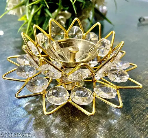 WHITE PAGADI GANESH JI AND GOLD PLATED PALTE AND Brass Akhand Lotus/Kamal Diya | Diamond Crystal Deepak/Dia | Akhand Jyot | Decorative Brass Crystal Oil Lamp| Puja Lamp Round Brass Crystal Akhand Diya | Deepak/Dia | Akhand Jyot | | Decorative Brass Oil La