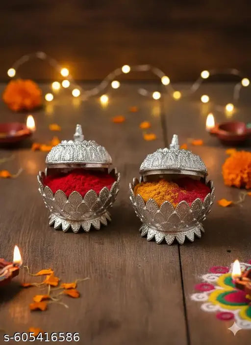 MSK Presents 2 german silver pineapple shaped Kumkum dibbi with lid (SET OF 2 ) Tika chopda set / Haldi kumkum dibbi/ haldi kumkum  holder plastic / Roli chawal / sindoor dibbi / Pooja items kumkum chawal sindoor holder