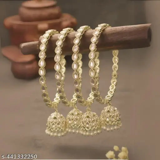 Mankairoop set Of 4 Light Gold-Plated Kundan-Studded & Pearls-Beaded Jhumki  Bangles