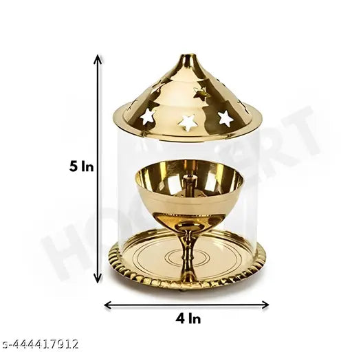 Hoomert Brass Akhand Diya Oil Lamp With Glass Cover ( Pack Of 2 )