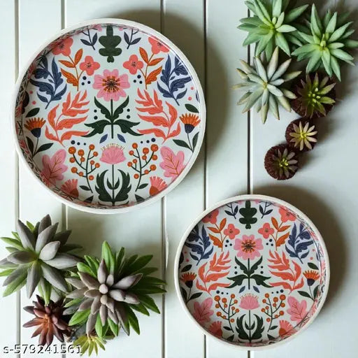 Madarks Set of 2 Floral Round Trays – 9 Inch & 7 Inch – MDF Printed Decorative Serving Trays with Enamel Coating – Lightweight, Durable & Easy to Clean – Ideal for Snacks, Drinks, Decor