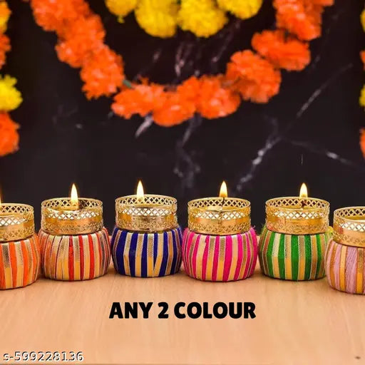 Decorative Tea Light Candle Holders – Set of 2(multicolor) Handmade Velvet Diya Holders with Golden Design for Home Décor, Diwali, Pooja & Festive Decoration