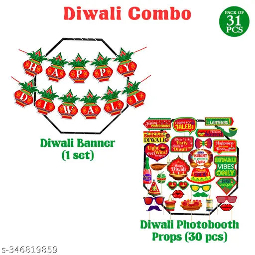 ZYOZI 31 Pieces Happy Diwali Party Photo Booth Props and Banner Kit Festival of Lights Prop for Photoshoot Diwali Party Picture Selfie Stick Props Party Decoration Supplies