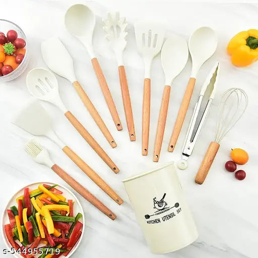 12-Piece Silicone Kitchen Utensil Set with Wooden Handles – Heat Resistant, Non-Stick Cooking & Baking Tools for Kitchen Use, Includes Spatula, Spoon, Turner, Tongs & Holder – Ideal for Non-Stick Cookware