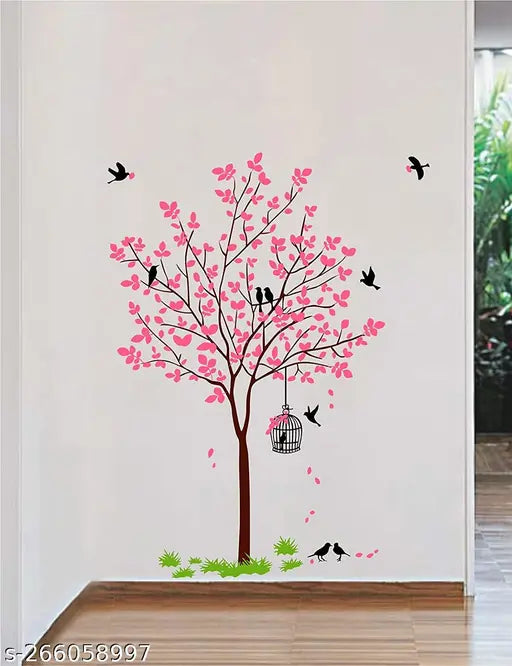 Pink Tree With Birds Cage And Nest '(PVC Vinyl,Multicolour) 1 cm Large Self Adhesive Sticker (Pack of 1)