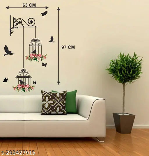 Trendy Set of 4 Wall Stickers Branches and Cages Love Birds With Hearts magical tree Red flower with lantern Self Adhesive Vinyl Waterproof Decals for Home