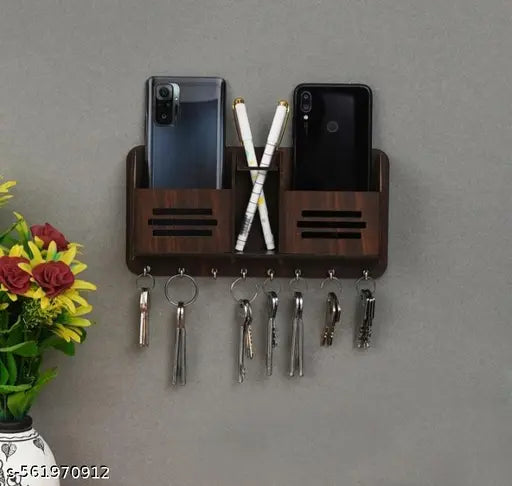 Beautiful Wooden Wall Mounted Designer Key Holders & Mobile Holder Stand for Home Decor | Stylish Hook Stand Organizer for Home Holder with Mobile Stand (