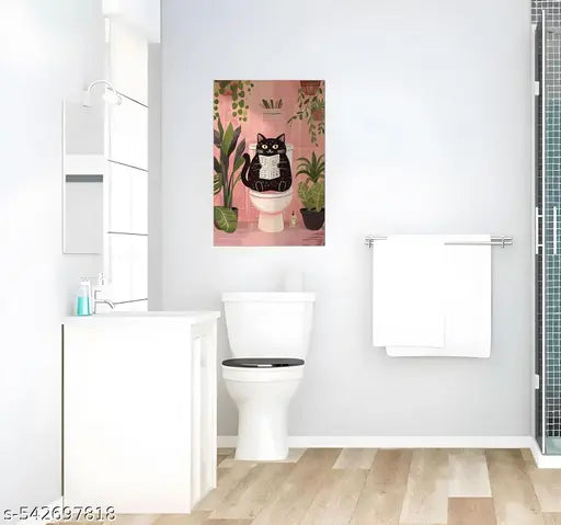 Funny Cat Poster for Wall | Cat Sitting on Toilet Art Poster - for Wall, Living Room, Bedroom, Office, Gym, Home Décor (13×19 inches)