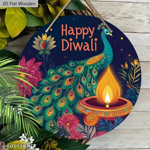 Bellu Diwali Wooden Sign with PeaRooster Pattern - Happy Diwali Round Sign for Yard Door Wall Hanging Decor Ideal Diwali Festival Decoration, Festive Home Decor, Traditional Design, Natural Wood Finish, Cultural Celebrations 8 inch