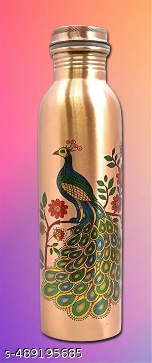 Copper + Peacock Printed Copper Water Bottle,  Printed bottle, Copper bottle, 1 Litre 1000 ml Bottle