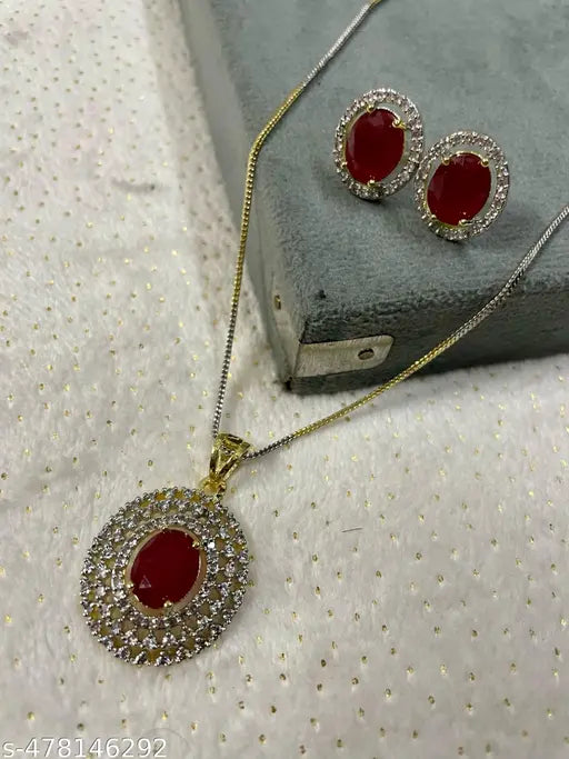 Shanvika Gold-Plated American Diamond Pendant Set with Earrings and Dual-Tone Silver-Gold plated chain for Women and Girls
