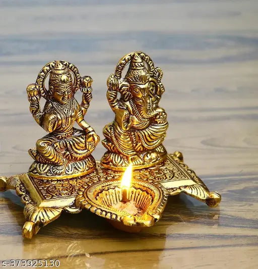Lakshmi Ganesha with Diya Statue Idol Murti in Metal Decorative Showpiece Best for Diwali Puja diwali puja murti - 15 cm (Metal, Gold)