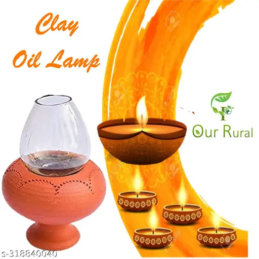 Our Rural Clay Deepam Diya with Glass Cover – Traditional Puja Oil Lamp with Glass Lid (Pack of 2)