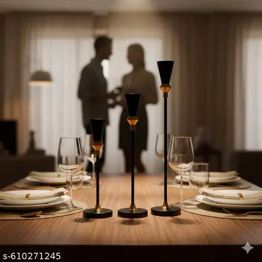 BROSHEE Set of 3 Black Metal Candlestick Holders with Golden Brass Cups | Tall Candle Stands for 3/4 Inch Taper Candles | Modern Home, Wedding & Table Decor